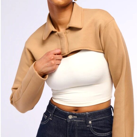Callie Lives Miz Yuki Crop Bolero Working Tan Shacket Jacket L 1X - Picture 3 of 10